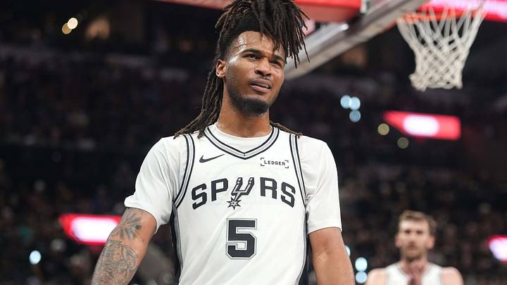 Apr 28, 2026; San Antonio, Texas, USA; San Antonio Spurs guard Stephon Castle (5) reacts during the second half of game five of the first round of the 2026 NBA Playoffs against the Portland Trail Blazers at Frost Bank Center. Mandatory Credit: Scott Wachter-Imagn Images