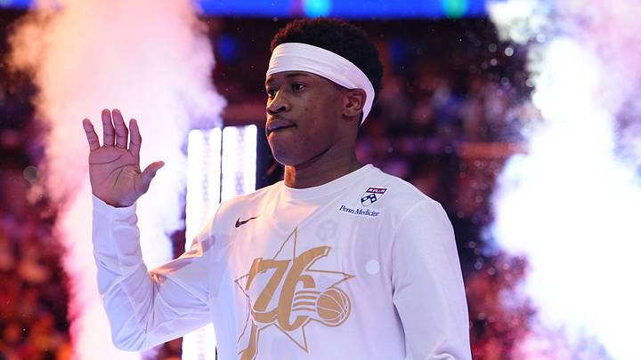 Philadelphia 76ers guard VJ Edgecombe (77) is introduced before game four of the second round of the 2026 NBA Playoffs against the New York Knicks at Xfinity Mobile Arena. Mandatory Credit: Kyle Ross-Imagn Images