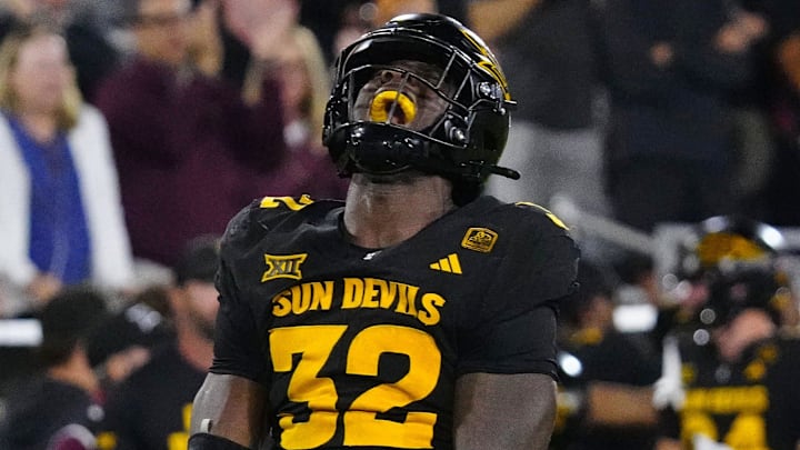 Arizona State defensive lineman Prince Dorbah (32) celebrates a sack against TCU during a game at Mountain America Stadium in Tempe on Sept. 26, 2025.