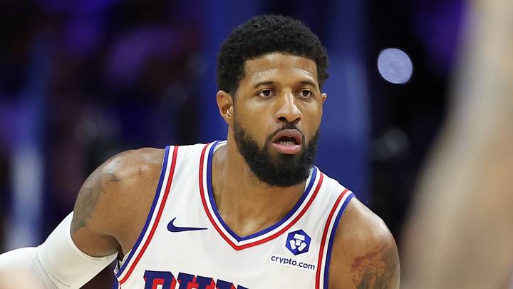 May 8, 2026; Philadelphia, Pennsylvania, USA; Philadelphia 76ers forward Paul George (8) controls the ball against the New York Knicks during the fourth quarter of game three of the second round of the 2026 NBA Playoffs at Xfinity Mobile Arena. Mandatory Credit: Bill Streicher-Imagn Images