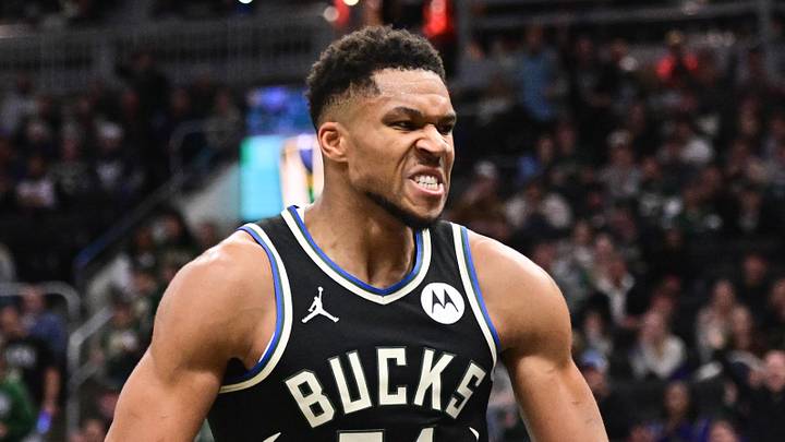Nov 7, 2025; Milwaukee, Wisconsin, USA; Milwaukee Bucks forward Giannis Antetokounmpo (34) reacts after scoring a basket in the 3rd quarter against the Chicago Bulls at Fiserv Forum. Mandatory Credit: Benny Sieu-Imagn Images
