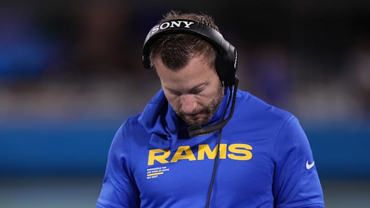 Jan 10, 2026; Charlotte, NC, USA; Los Angeles Rams head coach Sean McVay in the first half during the NFC Wild Card Round game at Bank of America Stadium. Mandatory Credit: Jim Dedmon-Imagn Images