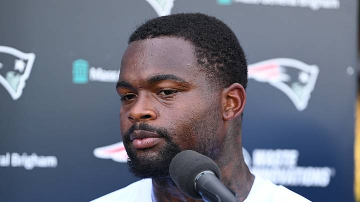 New England Patriots wide receiver Kayshon Boutte speaks to the media