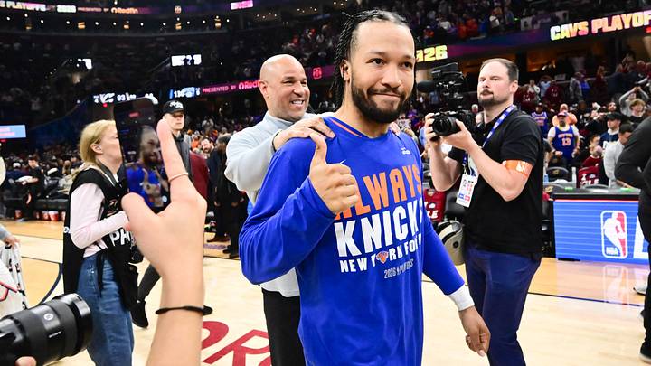 May 25, 2026; Cleveland, Ohio, USA; New York Knicks guard Jalen Brunson (11) reacts after defeating the Cleveland Cavaliers in game four of the eastern conference finals for the 2026 NBA playoffs at Rocket Arena. Mandatory Credit: Ken Blaze-Imagn Images May 25, 2026; Cleveland, Ohio, USA; New York Knicks guard Jalen Brunson (11) reacts after defeating the Cleveland Cavaliers in game four of the eastern conference finals for the 2026 NBA playoffs at Rocket Arena. Mandatory Credit: Ken Blaze-Imagn Images