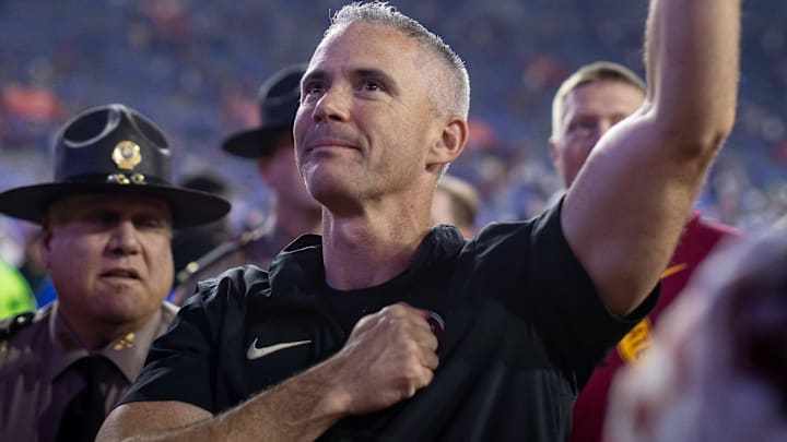 Florida State Seminoles head coach Mike Norvell gestures towards the crowd after the game against the Florida Gators at Steve Spurrier Field at Ben Hill Griffin Stadium in Gainesville, FL on Saturday, November 25, 2023. [Matt Pendleton/Gainesville Sun]