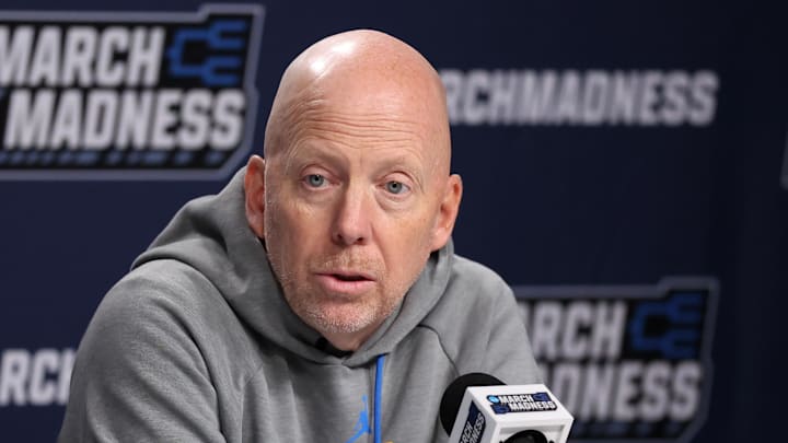 Mar 19, 2026; Philadelphia, PA, USA; UCLA Bruins head coach Mick Cronin speaks with the media before a practice session ahead of the first round of the men's 2026 NCAA Tournament at Xfinity Mobile Arena. Mandatory Credit: Bill Streicher-Imagn Images