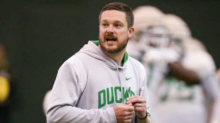 Oregon head coach Dan Lanning leads practice with the Ducks Thursday, April 20, 2023 at the Moshofsky Center in Eugene, Ore.

Sports Spring Football