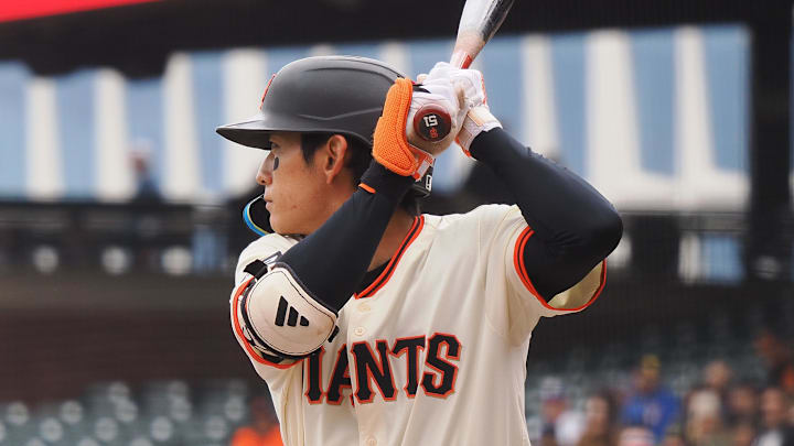 Apr 24, 2025; San Francisco, California, USA; San Francisco Giants center fielder Jung Hoo Lee (51) at bat during the first inning against the Milwaukee Brewers at Oracle Park.
