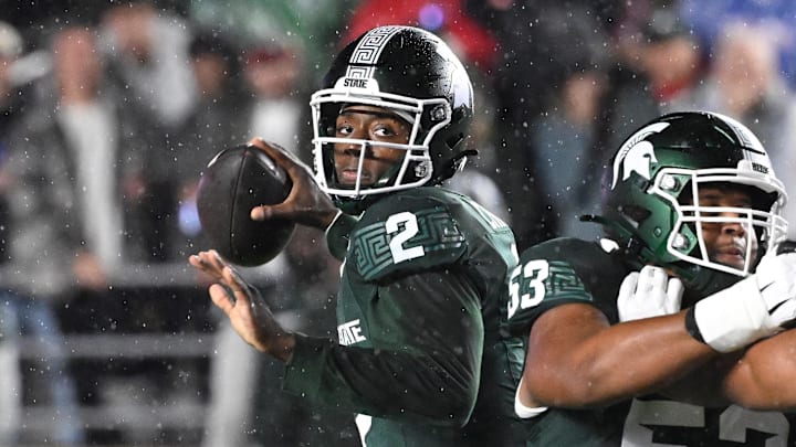 Sep 21, 2024; Chestnut Hill, Massachusetts, USA; Michigan State Spartans quarterback Aidan Chiles (2) throws a pass against the Boston College Eagles during the first half at Alumni Stadium. Mandatory Credit: Eric Canha-Imagn Images
