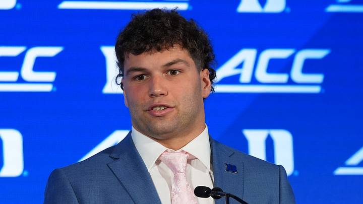 Jul 17, 2026; Charlotte, NC, USA; Duke's linebacker Luke Mergott talks with the media during interviews at Hilton Charlotte Uptown. Mandatory Credit: Jim Dedmon-Imagn Images Jul 17, 2026; Charlotte, NC, USA; Duke's linebacker Luke Mergott talks with the media during interviews at Hilton Charlotte Uptown. Mandatory Credit: Jim Dedmon-Imagn Images