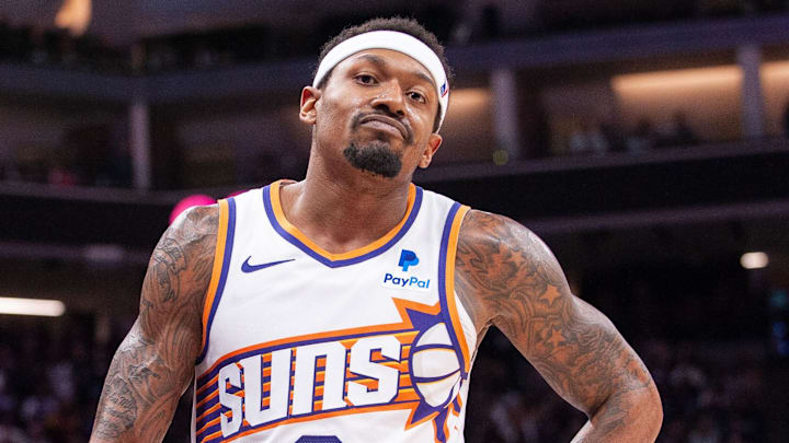 Apr 12, 2024; Sacramento, California, USA; Phoenix Suns guard Bradley Beal (3) reacts to a play during the fourth quarter against the Sacramento Kings at Golden 1 Center. Mandatory Credit: Ed Szczepanski-Imagn Images
