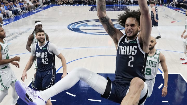 Jun 14, 2024; Dallas, Texas, USA; Dallas Mavericks center Dereck Lively II (2) dunks the ball against the Boston Celtics during game four of the 2024 NBA Finals at American Airlines Center. Mandatory Credit: Stacy Revere/Pool Photo-USA TODAY Sports