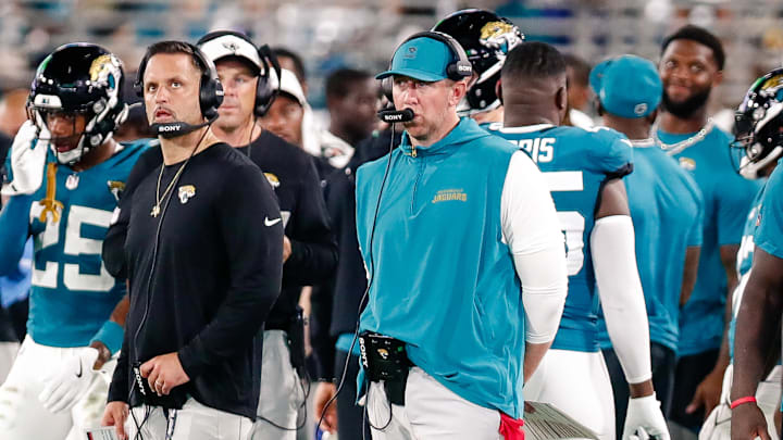 Aug 9, 2025; Jacksonville, Florida, USA; Jacksonville Jaguars defensive coordinator Anthony Campanile stands with head coach Liam Coen on the sidelines during a preseason game against the Pittsburgh Steelers at EverBank Stadium. Mandatory Credit: Travis Register-Imagn Images