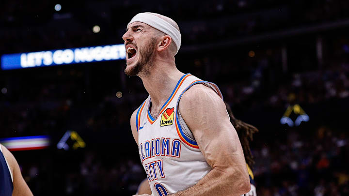 May 11, 2025; Denver, Colorado, USA; Oklahoma City Thunder guard Alex Caruso (9) reacts after a play in the fourth quarter against the Denver Nuggets during game four of the second round of the 2025 NBA Playoffs at Ball Arena. Mandatory Credit: Isaiah J. Downing-Imagn Images