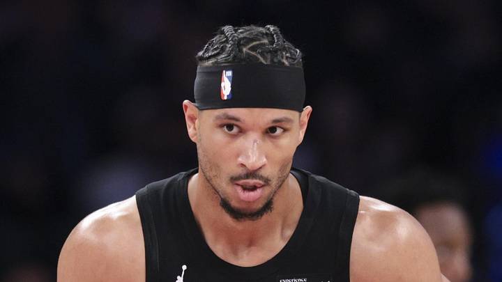 May 21, 2026; New York, New York, USA; New York Knicks guard Josh Hart (3) reacts during the second quarter of game two of the eastern conference finals of the 2026 NBA playoffs against the Cleveland Cavaliers at Madison Square Garden. Mandatory Credit: Vincent Carchietta-Imagn Images
