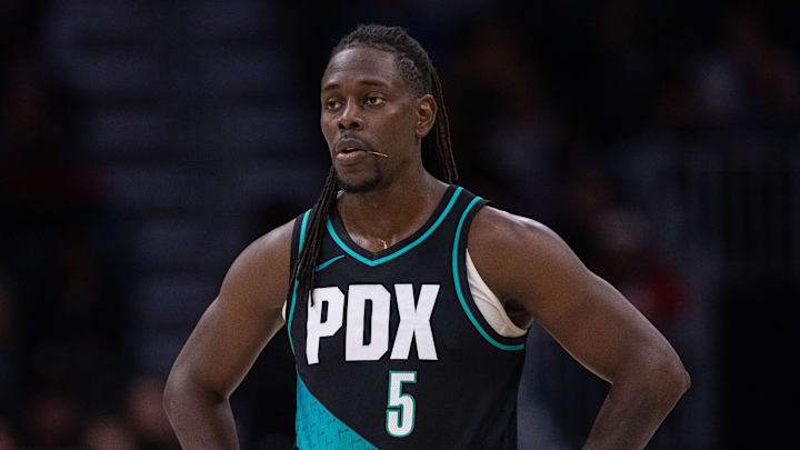 Feb 28, 2026; Charlotte, North Carolina, USA; Portland Trail Blazers guard Jrue Holiday (5) looks on during the second half against the Charlotte Hornets at Spectrum Center. Mandatory Credit: Scott Kinser-Imagn Images