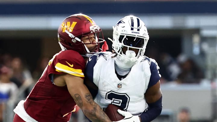 Oct 19, 2025; Arlington, Texas, USA; Dallas Cowboys wide receiver George Pickens (3) makes a reception defended by Washington Commanders cornerback Marshon Lattimore (2) during the second quarter of the game at AT&T Stadium. Mandatory Credit: Kevin Jairaj-Imagn Images Oct 19, 2025; Arlington, Texas, USA; Dallas Cowboys wide receiver George Pickens (3) makes a reception defended by Washington Commanders cornerback Marshon Lattimore (2) during the second quarter of the game at AT&T Stadium. Mandatory Credit: Kevin Jairaj-Imagn Images