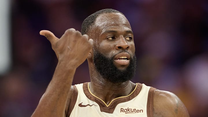Apr 10, 2026; Sacramento, California, USA; Golden State Warriors forward Draymond Green (23) gestures toward the Sacramento Kings bench during the third quarter at Golden 1 Center. Mandatory Credit: Robert Edwards-Imagn Images