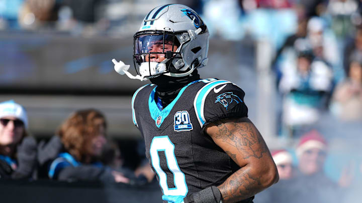 Dec 22, 2024; Charlotte, North Carolina, USA; Carolina Panthers tight end Ja'Tavion Sanders (0) takes the field during the first quarter against the Arizona Cardinals at Bank of America Stadium. Mandatory Credit: Jim Dedmon-Imagn Images