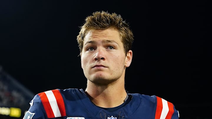 Oct 5, 2025; Orchard Park, New York, USA; New England Patriots quarterback Drake Maye (10) walks off the field against the Buffalo Bills after the game at Highmark Stadium. Mandatory Credit: Gregory Fisher-Imagn Images