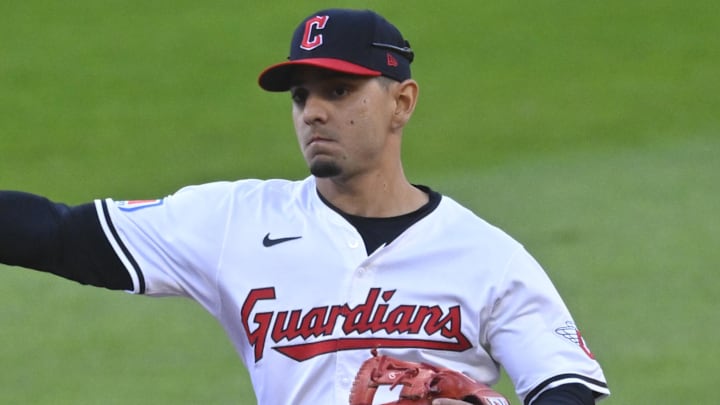 Oct 17, 2024; Cleveland, Ohio, USA; Cleveland Guardians second baseman Andres Gimenez (0) throws to first for an out during the first inning against the New York Yankees in game 3 of the American League Championship Series at Progressive Field. Mandatory Credit: David Richard-Imagn Images Oct 17, 2024; Cleveland, Ohio, USA; Cleveland Guardians second baseman Andres Gimenez (0) throws to first for an out during the first inning against the New York Yankees in game 3 of the American League Championship Series at Progressive Field. Mandatory Credit: David Richard-Imagn Images