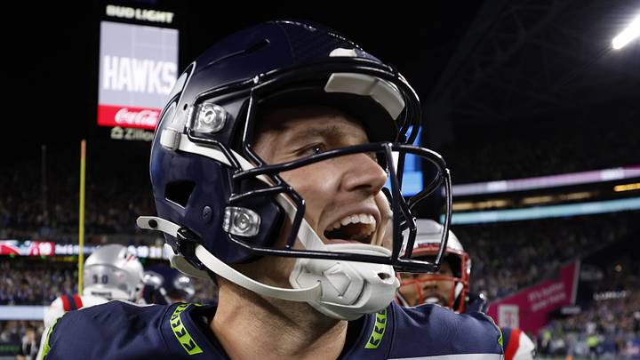 Seattle Seahawks quarterback Drew Lock reacts after defeating the New England Patriots 