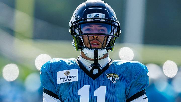 Aug 13, 2026; Metairie, LA, USA;  Jacksonville Jaguars wide receiver Parker Washington (11) during a joint scrimmage during at Ochsner Sports Performance Center. Mandatory Credit: Stephen Lew-Imagn Images