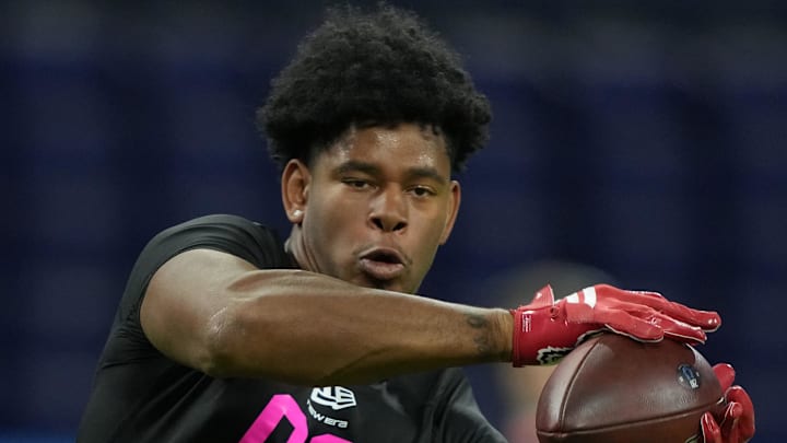 Feb 27, 2026; Indianapolis, IN, USA; NC State tight end Justin Joly (TE09) during the NFL Scouting Combine at Lucas Oil Stadium. Mandatory Credit: Kirby Lee-Imagn Images