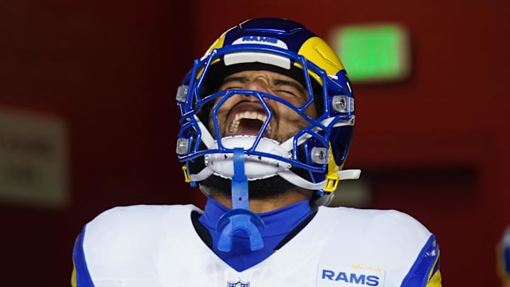 Dec 12, 2024; Santa Clara, California, USA; Los Angeles Rams running back Kyren Williams (23) walks towards the field before the start of the game against the San Francisco 49ers at Levi's Stadium. Mandatory Credit: Cary Edmondson-Imagn Images
