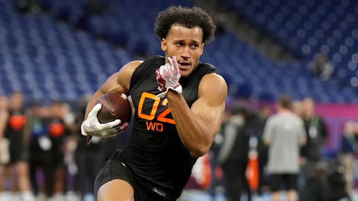 Mar 1, 2025; Indianapolis, IN, USA; Stanford wideout Elic Ayomanor (WO02) during the 2025 NFL Combine at Lucas Oil Stadium. Mandatory Credit: Kirby Lee-Imagn Images