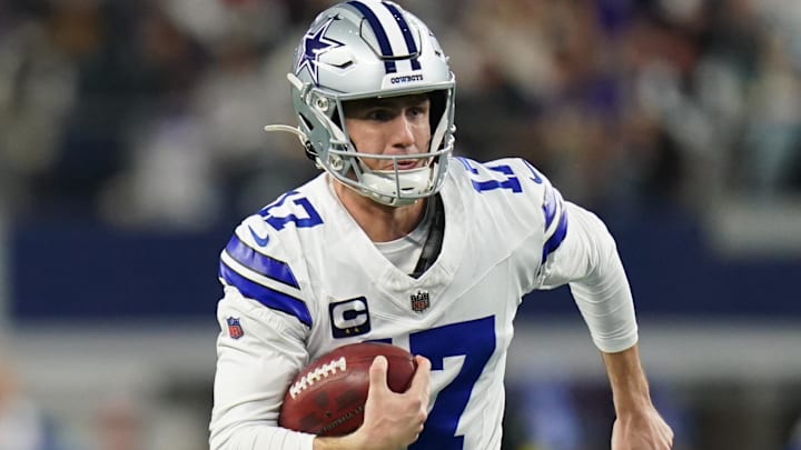 Dallas Cowboys place kicker Brandon Aubrey runs a fake field goal during the first half against the Minnesota Vikings. Dallas Cowboys place kicker Brandon Aubrey runs a fake field goal during the first half against the Minnesota Vikings.