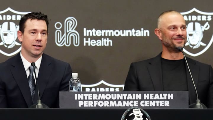 Feb 10, 2026; Henderson, NV, USA; Las Vegas Raiders coach Klint Kubiak (left) and general manager John Spytek at introductory press conference at Intermountain Health Performance Center. Mandatory Credit: Kirby Lee-Imagn Images