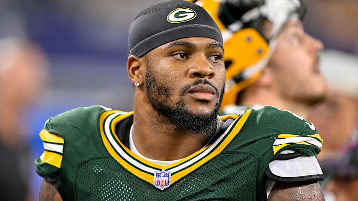 Green Bay Packers defensive end Micah Parsons (1) looks on from the sidelines during the game between the Dallas Cowboys and the Green Bay Packers at AT&T Stadium.