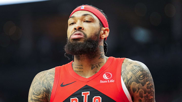 Apr 12, 2026; Toronto, Ontario, CAN; Toronto Raptors Brandon Ingram (3) reacts after a call during the first half against the Brooklyn Nets at Scotiabank Arena. Mandatory Credit: Kevin Sousa-Imagn Images