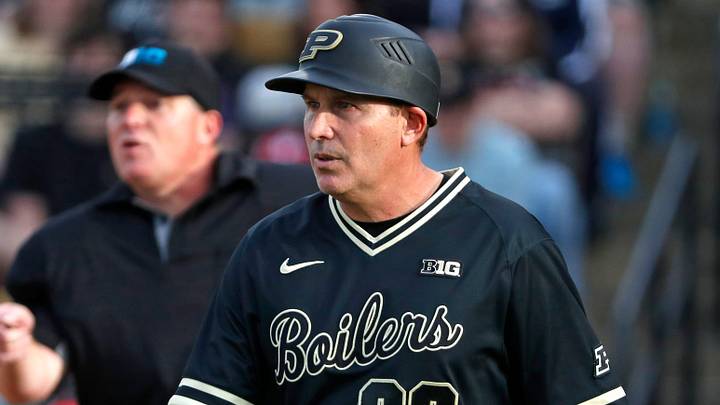 Purdue coach Greg Goff walks back after talking to an umpire during the NCAA baseball game. Purdue coach Greg Goff walks back after talking to an umpire during the NCAA baseball game.