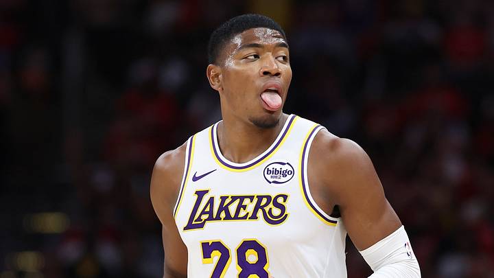 Apr 26, 2026; Houston, Texas, USA; Los Angeles Lakers forward Rui Hachimura (28) reacts after scoring a basket during the second quarter against the Houston Rockets during game four of the first round of the 2026 NBA Playoffs at Toyota Center. Mandatory Credit: Troy Taormina-Imagn Images