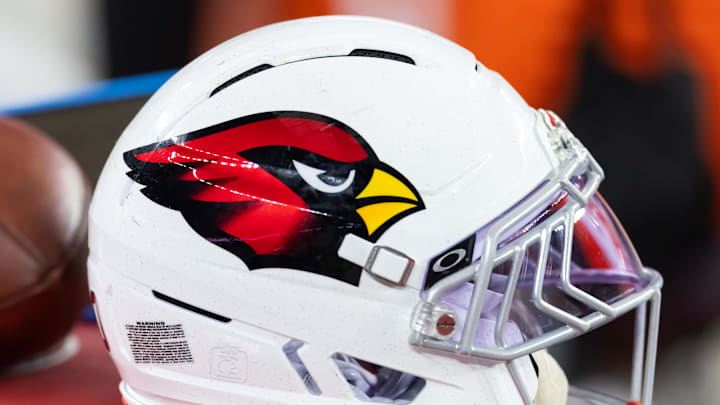 Aug 9, 2025; Glendale, Arizona, USA; Detailed view of an Arizona Cardinals helmet during a preseason NFL game at State Farm Stadium. Mandatory Credit: Mark J. Rebilas-Imagn Images