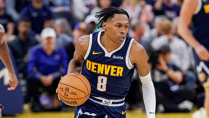 Oct 23, 2025; San Francisco, California, USA;  Denver Nuggets guard Peyton Watson (8) brings the ball down against the Golden State Warriors  the court during the second quarter at Chase Center. Mandatory Credit: Bob Kupbens-Imagn Images