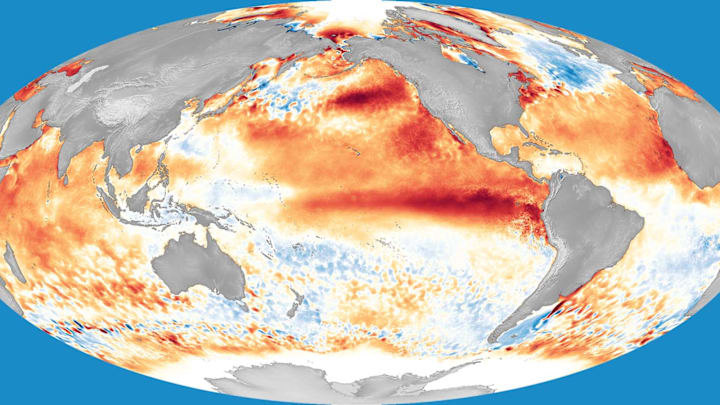 A strong El Niño in 2016 appears like a red tongue in the equatorial Pacific Ocean.