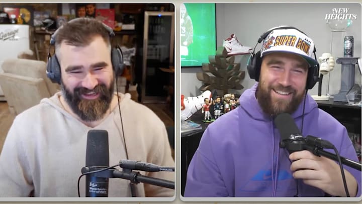 Jason and Travis Kelce during an episode of the podcast 'New Heights.'