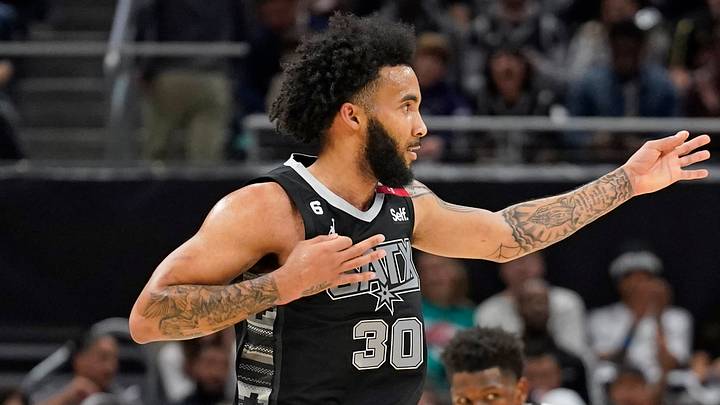 Apr 8, 2023; Austin, Texas, USA; San Antonio Spurs forward Julian Champagnie (30) reacts after scoring a three point basket during the first half against the Minnesota Timberwolves at Moody Center. Mandatory Credit: Scott Wachter-USA TODAY Sports