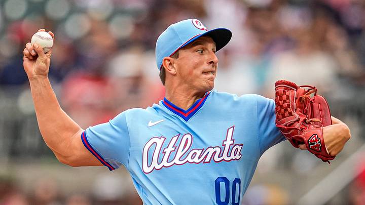 Jun 20, 2026; Cumberland, Georgia, USA; Atlanta Braves pitcher James Karinchak (00) pitches against the Milwaukee Brewers during the eighth inning at Truist Park. Mandatory Credit: Dale Zanine-Imagn Images