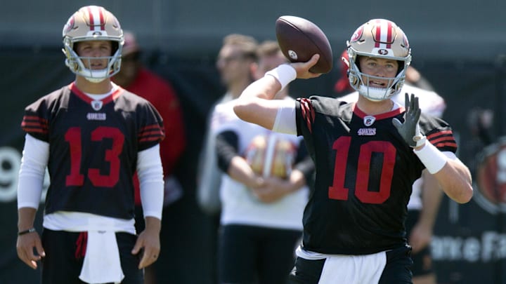 Jun 10, 2025; Santa Clara, CA, USA; San Francisco 49ers quarterback Mac Jones (10) participates in a passing drill during an OTA at Levi's Stadium. Mandatory Credit: D. Ross Cameron-Imagn Images Jun 10, 2025; Santa Clara, CA, USA; San Francisco 49ers quarterback Mac Jones (10) participates in a passing drill during an OTA at Levi's Stadium. Mandatory Credit: D. Ross Cameron-Imagn Images