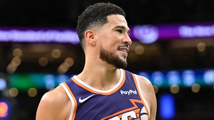 Mar 16, 2026; Boston, Massachusetts, USA; Phoenix Suns guard Devin Booker (1) reacts after a game against the Boston Celtics during the second half at the TD Garden. Mandatory Credit: Brian Fluharty-Imagn Images Mar 16, 2026; Boston, Massachusetts, USA; Phoenix Suns guard Devin Booker (1) reacts after a game against the Boston Celtics during the second half at the TD Garden. Mandatory Credit: Brian Fluharty-Imagn Images