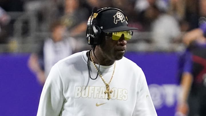 Oct 4, 2025; Fort Worth, Texas, USA; Colorado Buffaloes head coach Deion Sanders on the sidelines during the first half against the TCU Horned Frogs at Amon G. Carter Stadium.