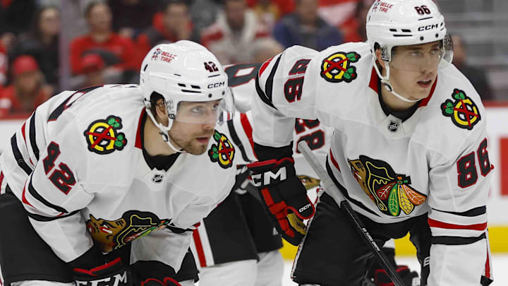 Jan 10, 2025; Detroit, Michigan, USA; Chicago Blackhawks defenseman Nolan Allan (42) and center Teuvo Teravainen (86) look on during the second period at Little Caesars Arena. Mandatory Credit: Brian Bradshaw Sevald-Imagn Images