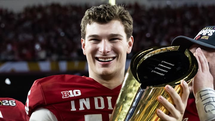 Indiana Hoosiers quarterback Fernando Mendoza (16) celebrates winning the National Championship against the Miami Hurricanes at Hard Rock Stadium. 