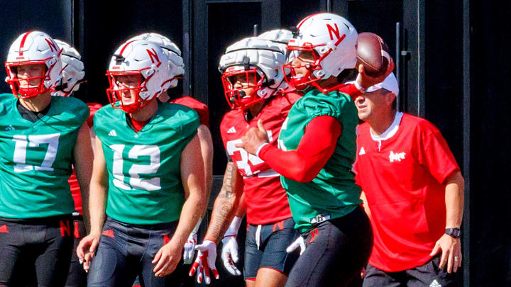 Nebraska quarterback Dylan Raiola fires a pass during opening day of 2025 fall camp.