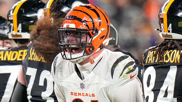 Cincinnati Bengals defensive end Trey Hendrickson (91) celebrates a stop in the fourth quarter of the NFL Week 18 game between the Pittsburgh Steelers and the Cincinnati Bengals at Acrisure Stadium in Pittsburgh on Saturday, Jan. 4, 2025. The Bengals won 19-17 to finish the regular season at 9-8. Cincinnati Bengals defensive end Trey Hendrickson (91) celebrates a stop in the fourth quarter of the NFL Week 18 game between the Pittsburgh Steelers and the Cincinnati Bengals at Acrisure Stadium in Pittsburgh on Saturday, Jan. 4, 2025. The Bengals won 19-17 to finish the regular season at 9-8.