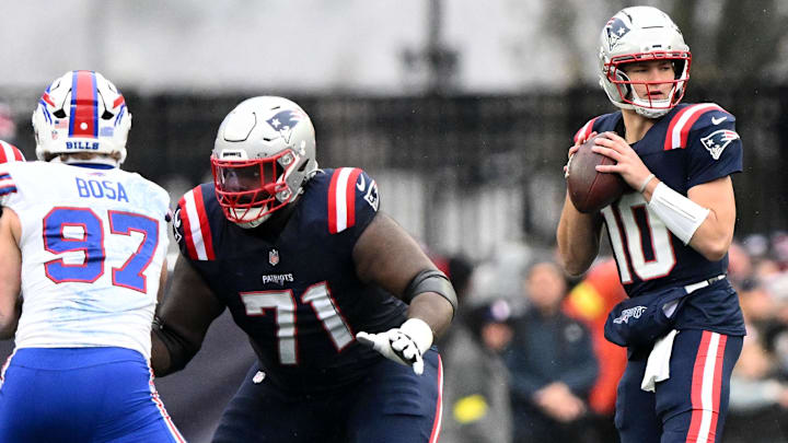 New England Patriots quarterback Drake Maye throws against the Buffalo Bills. New England Patriots quarterback Drake Maye throws against the Buffalo Bills.